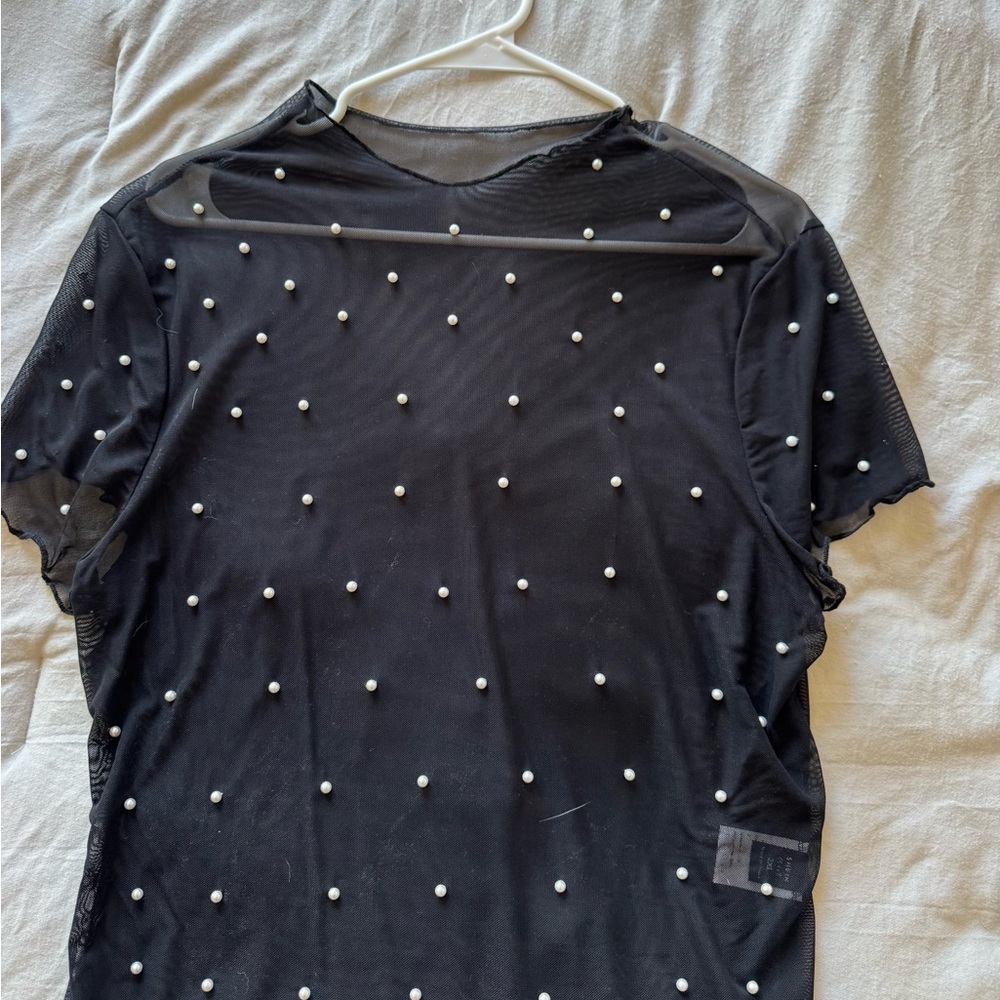 SHEIN Black Mesh Short Sleeve Top with Pearl Accents